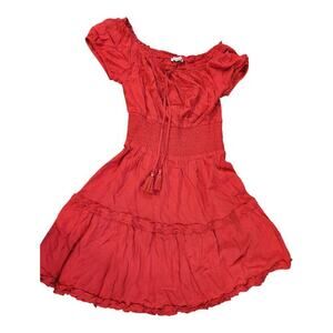 American Eagle Mini Dress Medium Red Boho Smocked Tiered Ruffle Off-Shoulder